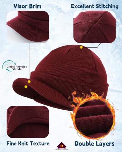 Home Prefer Men's Winter Beanie Hat with Brim Warm Double Knit Cuff Beanie Cap Watch Radar Hat - color: Burgundy