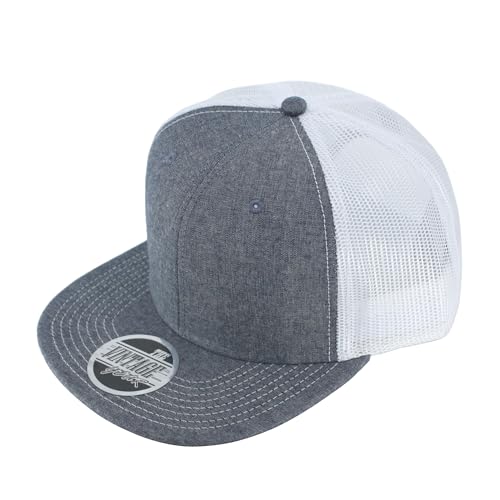 Plain Cotton Twill Flat Brim Mesh Adjustable Snapback Trucker Baseball Cap - color: Navy/White