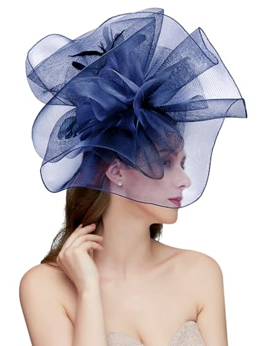 Z&X Sinamay Fascinator Hat Floral Feather Pillbox Derby Hats for Women Wedding Tea Party with Headband Clip - color: 006b Navy Blue