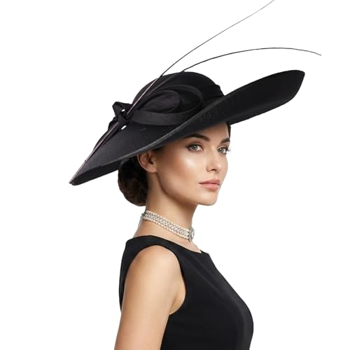 Royal Ladies Sinamay Weddings Hats Fascinators Big Brim Kentucky Church Fedoras Hat - color: Black