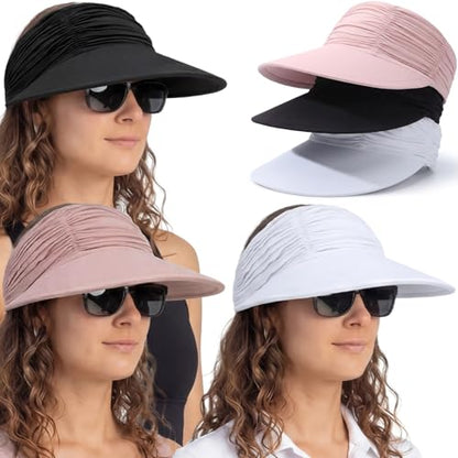 Skicuff 3 Pack Women Sun Visor Hat, Wide Brim Summer Sun Hats UV Protection Beach Ponytail Cap for Golf Hiking Sports - color: Black, White, Pink