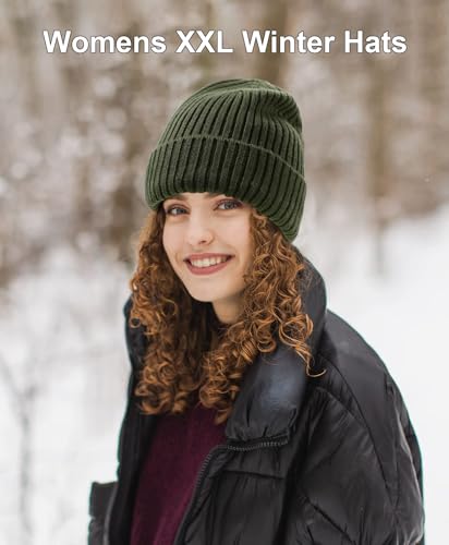 ZTL M/L/XL/XXL Merino Wool Beanie for Men Women, Fleece Lined Large Winter Hat, Big Knitted Cuffed Beanie Ski Skull Cap - color: Army Green, size: Medium-Large