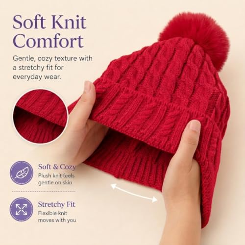 Toddler Baby Winter Hat with Earflap Kids Warm Twisted Knit Hat Infant Pom Pom Beanie Ski Cap for Baby Girls Boys - color: Red, size: 6-24 Months