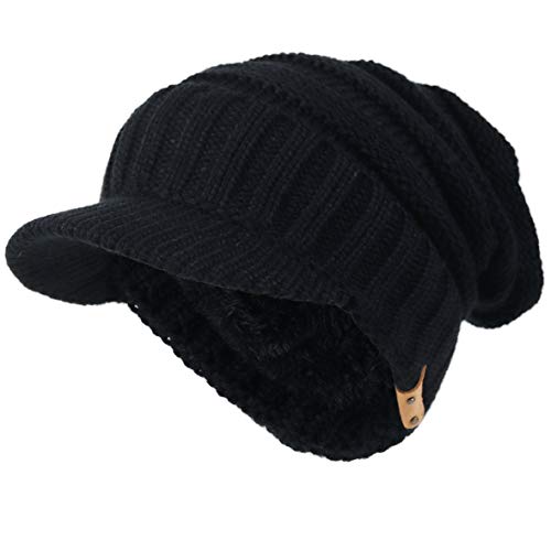 Ruphedy Mens Beanie with Brim Winter Hat Knitted Thick Fleece Visor Beanie - color: B320-black