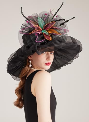 Women Derby Fascinator Hat Organza Church Wedding Hats Wide Brim Cocktail Tea Party Hat - color: 37black