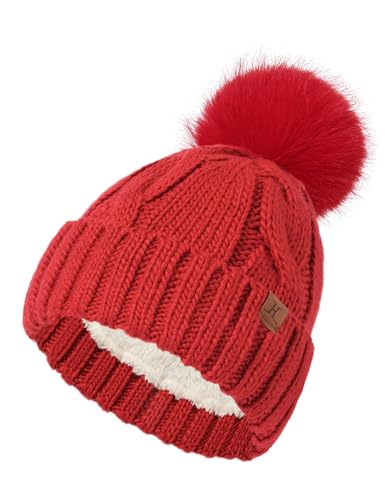DS DADOU&XIAOSHAN Winter Hats for Women, Fleece Lined Beanie with Pom Pom, Girls Womens Knit Hat Beanies Toboggan - color: Red