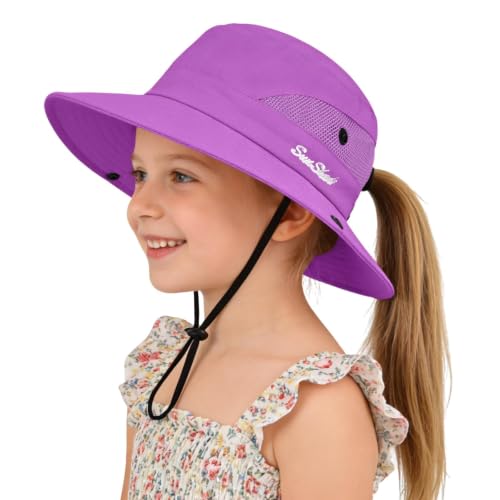ZOORON Kids Girls Ponytail Sun Hat UPF 50+ Breathable Mesh Water-Resistant - color: Solid Purple