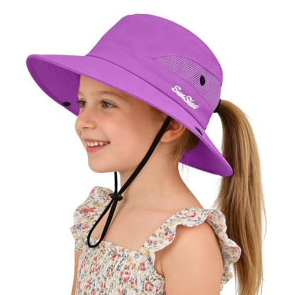 ZOORON Kids Girls Ponytail Sun Hat UPF 50+ Breathable Mesh Water-Resistant - color: Solid Purple