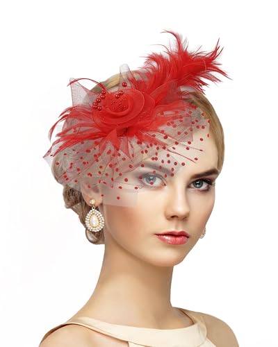 Zinniday Victoria Fascinators Hats for Women - 2026 Kentucky Feather Mesh Derby Hat 1920s Tea Party Headwear for Church - color: Red