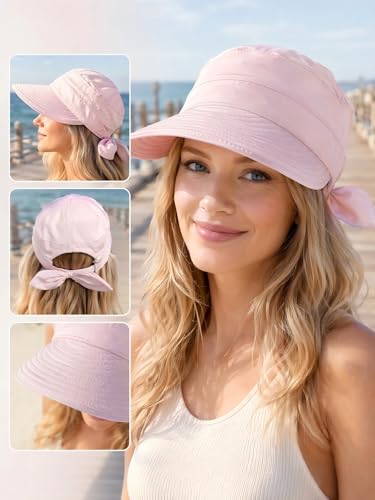 2-in-1 Women’s Sun Visor Sun Hat Zipper Off Ponytail Friendly, Lightweight Quick Dry, Summer UV Protection - color: Light Pink