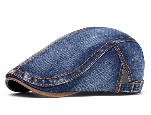 QHFHULV Newsboy Cap for Men Cotton Flat Gatsby Ivy Golf Cabbie Driving Hat - color: Denim Navy