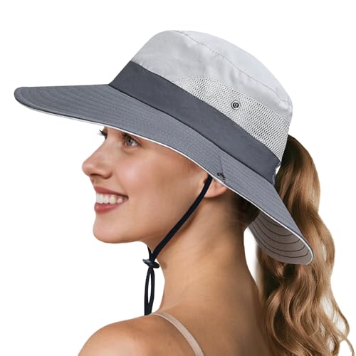NPQQUAN Ponytail Sun Hats for Women UPF 50+ Wide Visor UV Protection Hat - color: Lightgrey/Grey (Ponytail Hole)