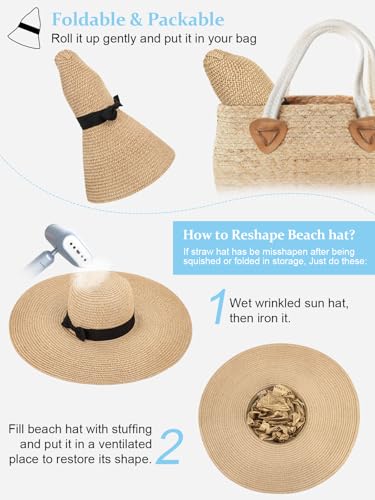 Floppy Sun Hats for Women, Summer Wide Brim Straw Beach Hat - color: Beige Khaki, size: Large