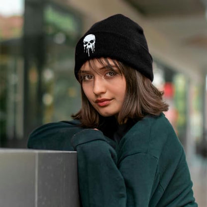 Black Beanie Hat for Men Women Embroidered Knit Winter Beanies Cap - color: Skull