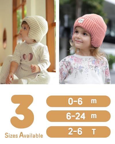 FURTALK Baby Beanie Toddler Winter Warm Hat Infant Soft Fleece Lined with Earflap Cute Knit Kids Caps - color: Beige+pink, size: 0-6 Months