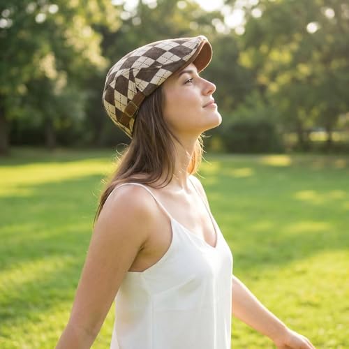 Women's Berets: Black Houndstooth Red Beret Hats for Women Fall Winter Fashion Outfit - color: Advance-checkered-brown