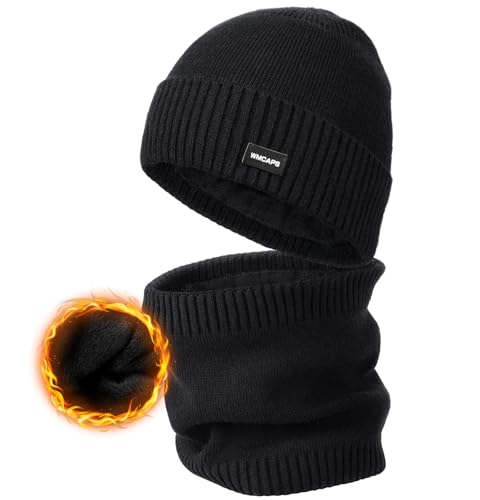 Wmcaps Fleece Lined Beanie Scarf Set, Warm Knit Hat for Men Women - color: Black