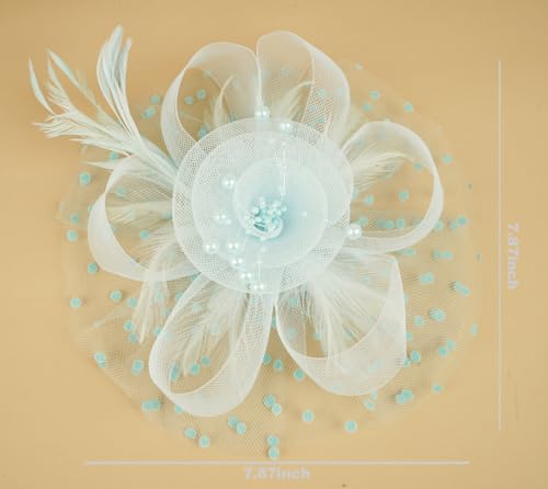 Fascinators Hat for Women Tea Party Headband Kentucky Derby Wedding Flower Cocktail Mesh Feathers Hair Clip - color: 1-sky Blue