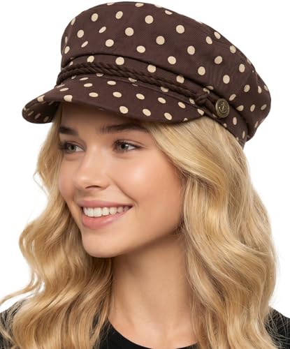 Funky Junque Greek Fisherman Newsboy Cap, Cotton Captains Bakerboy Hat - color: Polka Dots - Brown