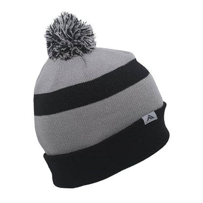 Pacific Headwear Unisex Adult Pacific Headwear Knit Fold Over Pom-pom Beanie - color: Black/Silver/Black, size: One Size