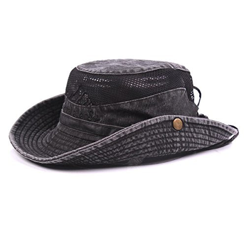 Sun Hat Men Cotton Embroidery Wide Brim Bucket Safari Boonie - color: Black, size: 6 7/8-7 1/4