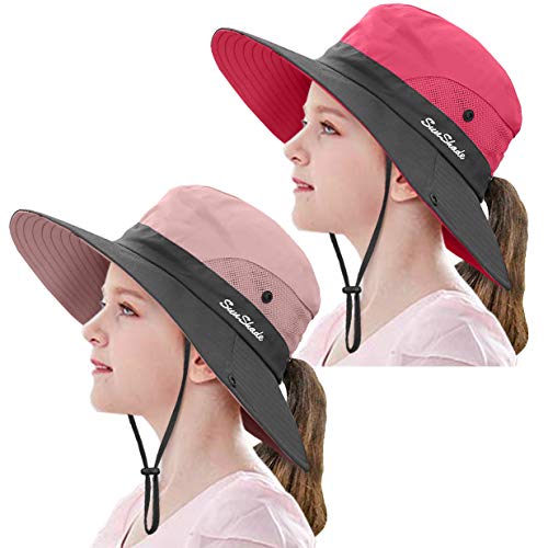 2 Pieces 5-14Y Kids Summer Sun Hat Wide Brim UV Protection for Girls Ponytail Beach Bucket Cap - color: Watermelon Red＆pink