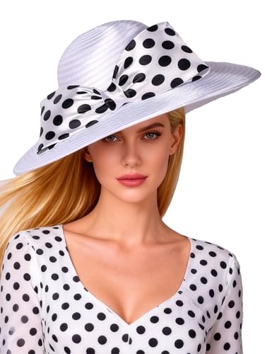 Women Wide Brim Rose Black Patchwork Kentucky Hat for Wedding Party Hat Big Bowknot Polka Dots Fedora Hats - color: White