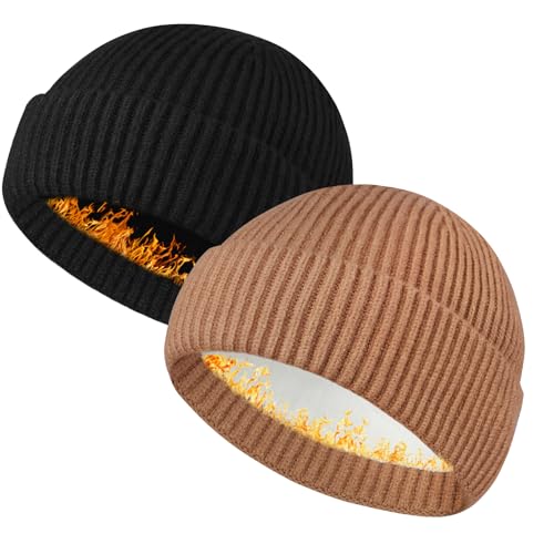 Heniho Wool Fleece Lined Fisherman Beanie for Men, Winter Warm Hats Cuffed Knit Watch Cap Trawler Hat - color: 2pack N- Black&tan