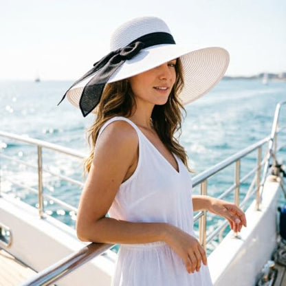 DRESHOW Beach Hats for Women Big Straw Wide Brim Summer Hat Floppy Foldable Roll up Cap Sun Hat UPF 50+ - color: White (Black Band) /Normal Edge
