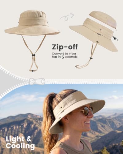 2-in-1 Womens Bucket Sun Hats, Sun Visor Hat, UPF 50+ Wide Brim, Ponytail-Friendly, Packable, Hiking Outdoor - color: Khaki