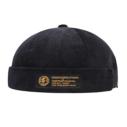 Men Hats Docker Cap Hats Beanie Sailor Cap Worker Hat Rolled Cuff Retro Brimless Hat with Adjustable - color: 7019-black