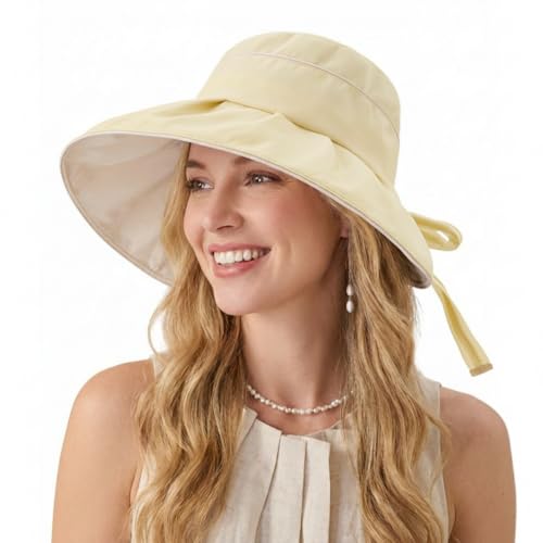 Women Summer Sun Hats Wide Brim Foldable Packable UPF 80+ UV Protection Travel Beach Outdoor Bucket Hat Bow Tie - color: Yellow