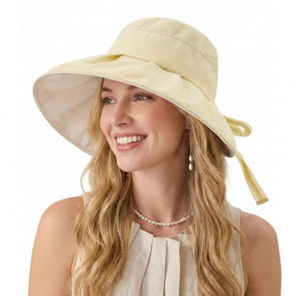 Women Summer Sun Hats Wide Brim Foldable Packable UPF 80+ UV Protection Travel Beach Outdoor Bucket Hat Bow Tie - color: Yellow