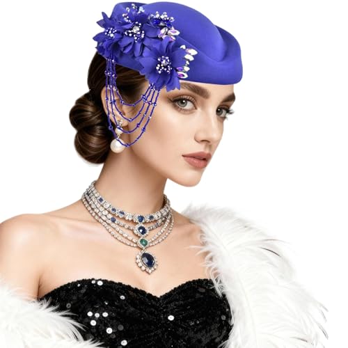 ASO OKE Beret Hats for Women British Felt hat Women's Church Derby with Tassel decorationhat Suitable for Wedding Parties - color: Royal Blue