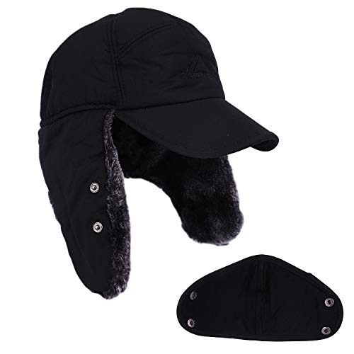Mens Winter Thermal Trapper Hat Russian Ushanka Ski Hunting Dad Cap Ear Flaps Motorcycle Cycling Mask Women Warm Fur Snow Hat - color: Black, Solid