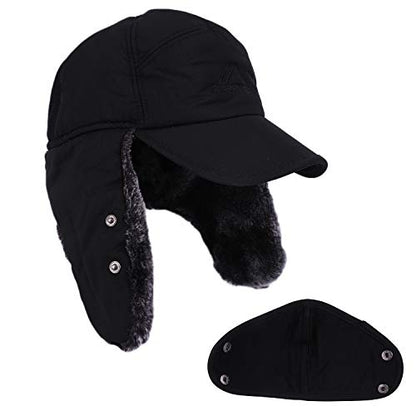 Winter 3 in 1 Thermal Fur Lined Trapper Hat with Ear Flap Full Face Warmer Cover Windproof Cycling Motorcycle Headwear - color: Black