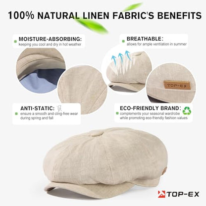 Oversized XL XXL Natural Linen Flat Cap Lightweight 8 Panel Summer Cooling Eco-Friendly Newsboy Hat Golf Outdoor - color: Beige, size: Medium-Large