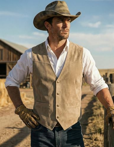 COOFANDY Men's Western Vest Suede Cowboy Vest Casual Slim Fit Waistcoat - color: Beige, size: X-Large