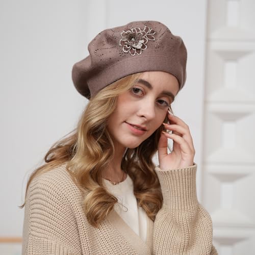 Flower Embroidery Beret Hat for Women, French Style Knitted Beret Hats, Stylish Solid Color Beret Cap for Women Girls Lady - color: Navy Blue