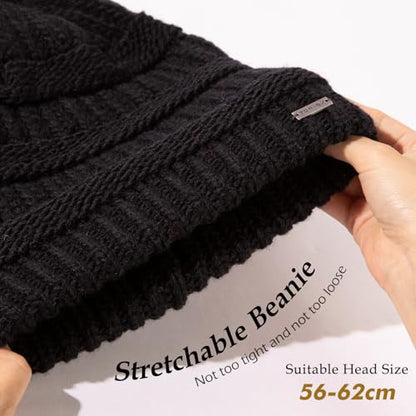 TOP-EX Winter Wool Slouchy Beanie for Women, Warm Faux Fur Pom Hat - color: Black_fleece Lined