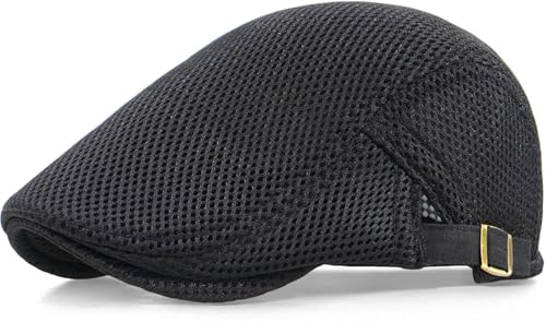 Xinveen Men's Mesh Cap Breathable Summer Newsboy Hat Adjustable Beret Ivy Cap Irish Cabbie Driving Hunting Hats - color: Black