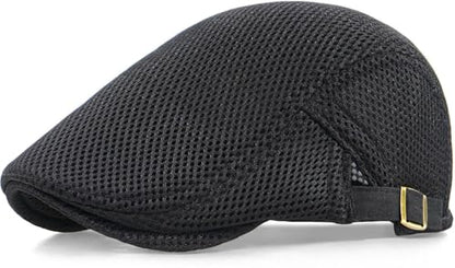 Xinveen Men's Mesh Cap Breathable Summer Newsboy Hat Adjustable Beret Ivy Cap Irish Cabbie Driving Hunting Hats - color: Black