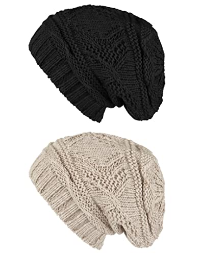Lilax Knit Slouchy Oversized Soft Warm Winter Beanie Hat - color: Black/Beige - 2 Pack