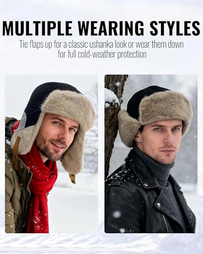 Croogo Cold Weather Eskimo Hats Trapper Hat Winter Thick Furry Ushanka Russian Hat Windproof Ski Trooper Hat with Ear Flap - color: Pl20-khaki