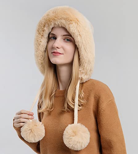 Winter Beanie Hats for Women with Ear Flaps Faux Fur Crochet Skull Cap Warm Outdoor Ski Snow Hats Pompoms - color: Beige