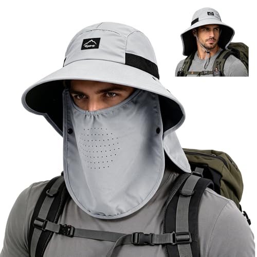 Outdoor Sun Hat for Men Women, UPF 50+ Safari Cap Fishing Hat with Detachable Face Cover & Neck Flap Beach Garden Hiking - color: 1pack-lightgrey