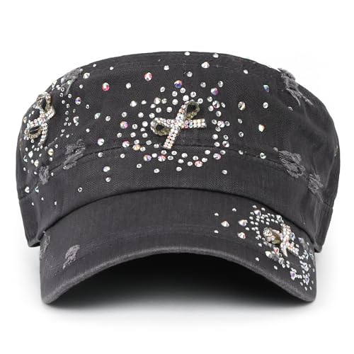 ililily Rhinestone Cotton Cadet Cap Vintage Distressed Cotton Military Army Hat - color: Charcoal-heart Ribbon