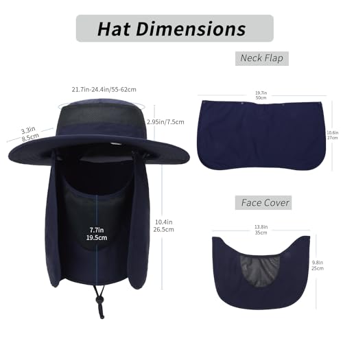 Outdoor Sun Hat UPF 50 Protection Waterproof Fishing hat Face Cover Summer Neck Flap Hat - color: Navy Blue