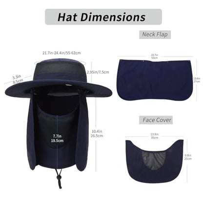 Outdoor Sun Hat UPF 50 Protection Waterproof Fishing hat Face Cover Summer Neck Flap Hat - color: Navy Blue
