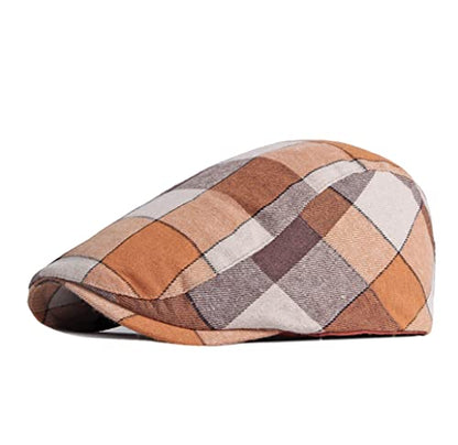 Gudessly Mens Adjustable Colorful Striped Plaid Ivy Newsboy Cabbie Gatsby Golf Cap Flat Cotton Hat Thin Cap - color: U-orange